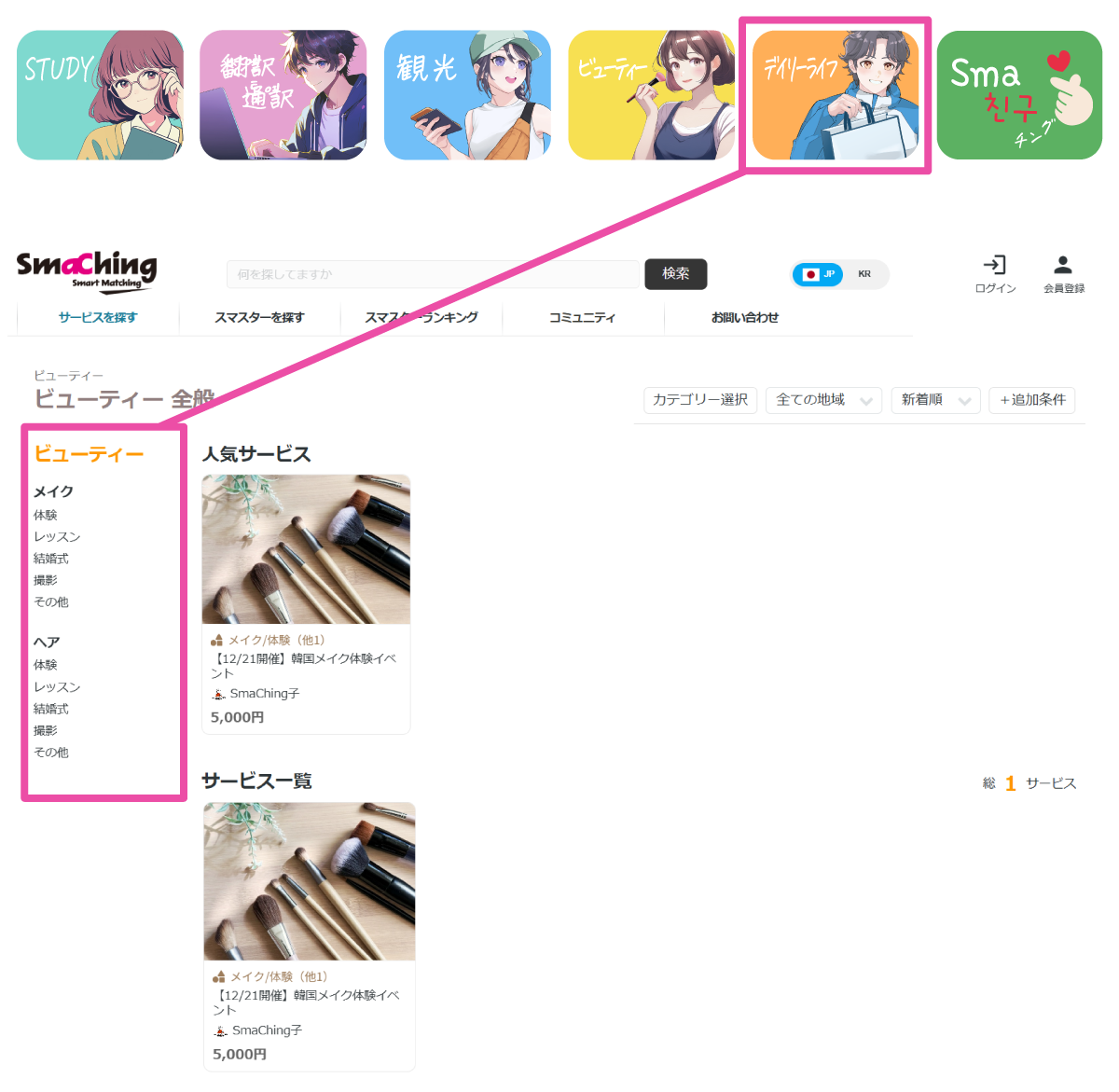 サービスカテゴリのアイコンをクリック