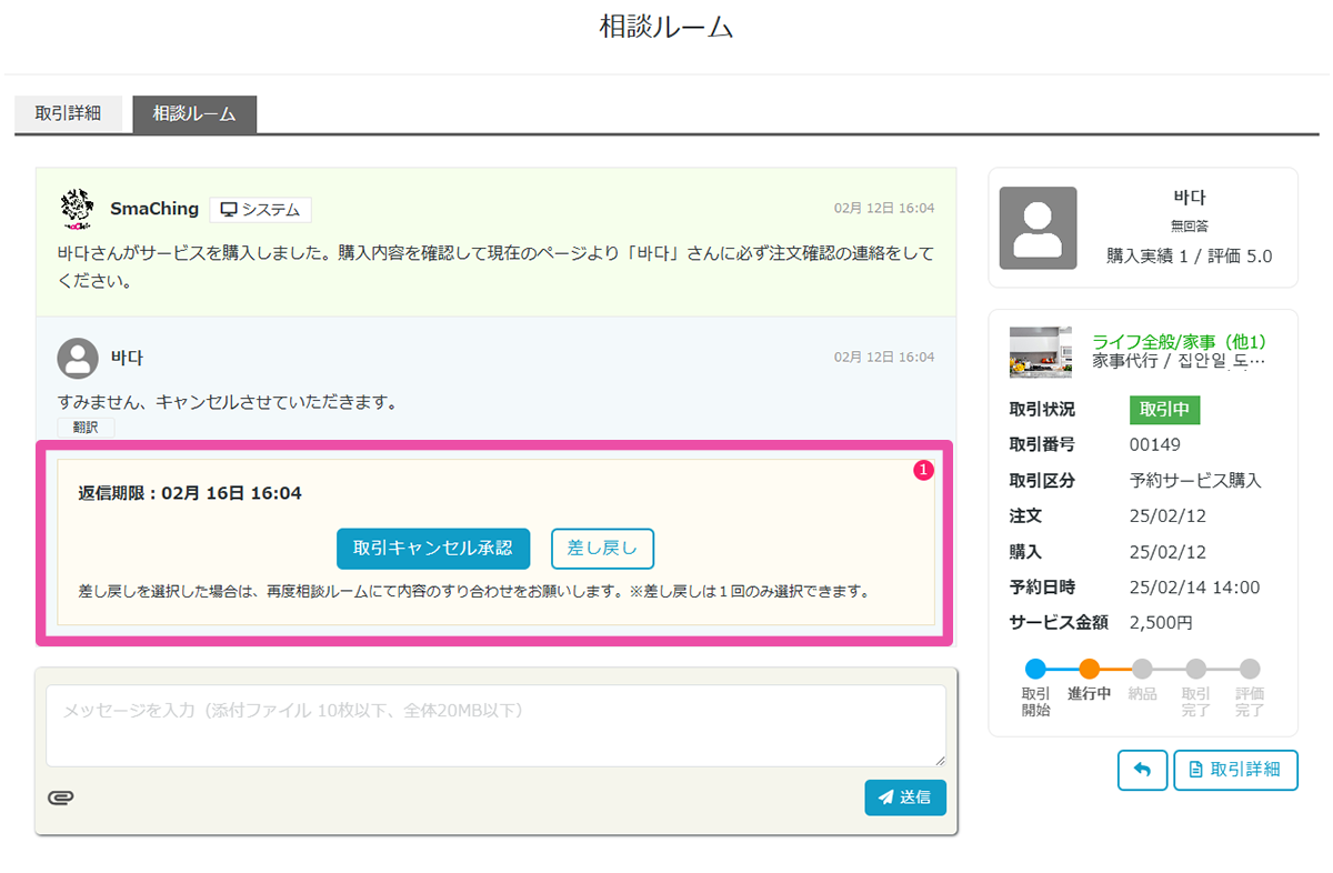 キャンセル依頼のフローチャート
